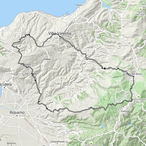 Map miniature of "Loop through Piscopio and Laureana di Borrello" cycling inspiration in Calabria, Italy. Generated by Tarmacs.app cycling route planner