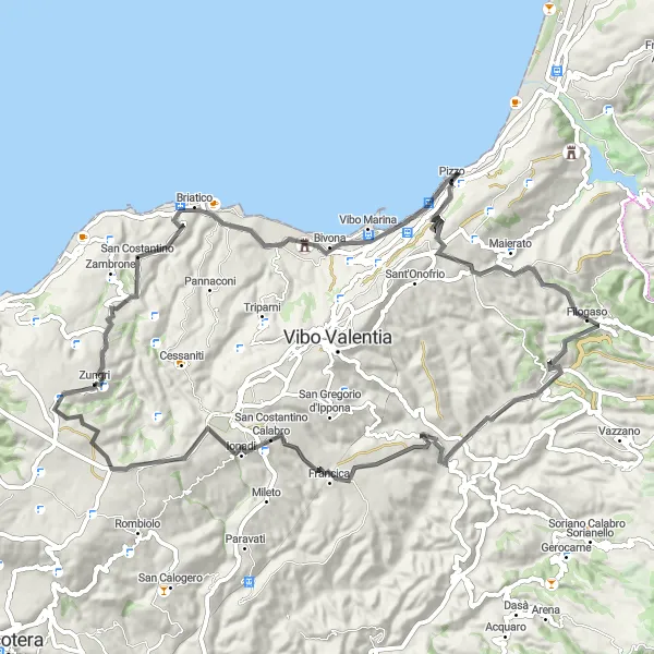Miniatura della mappa di ispirazione al ciclismo "Avventura tra i borghi calabresi" nella regione di Calabria, Italy. Generata da Tarmacs.app, pianificatore di rotte ciclistiche