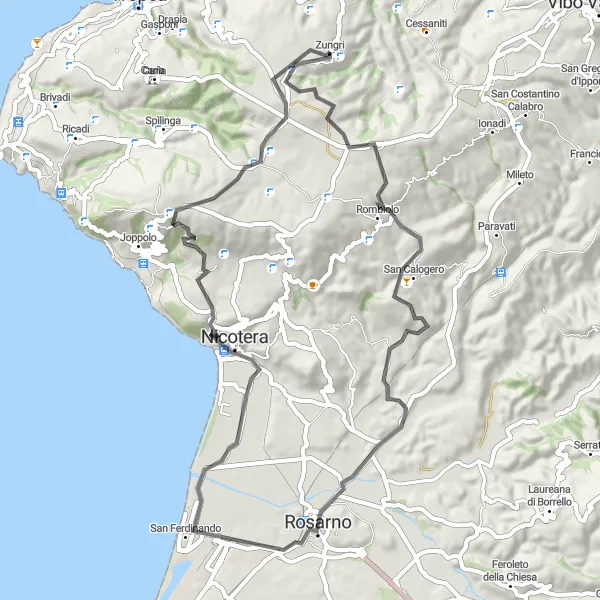 Miniatura della mappa di ispirazione al ciclismo "Giro in bicicletta tra Rosarno e Zungri" nella regione di Calabria, Italy. Generata da Tarmacs.app, pianificatore di rotte ciclistiche