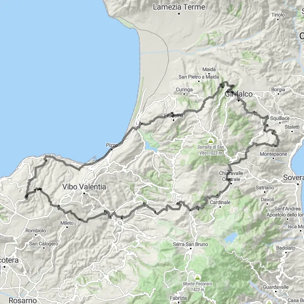 Miniatura della mappa di ispirazione al ciclismo "La sfida delle montagne calabresi" nella regione di Calabria, Italy. Generata da Tarmacs.app, pianificatore di rotte ciclistiche