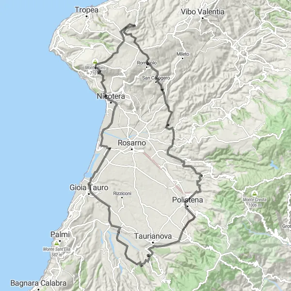 Map miniature of "Through Maropati to Zungri" cycling inspiration in Calabria, Italy. Generated by Tarmacs.app cycling route planner