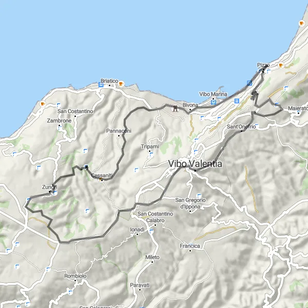 Miniatura della mappa di ispirazione al ciclismo "Giro in bicicletta da Zungri" nella regione di Calabria, Italy. Generata da Tarmacs.app, pianificatore di rotte ciclistiche