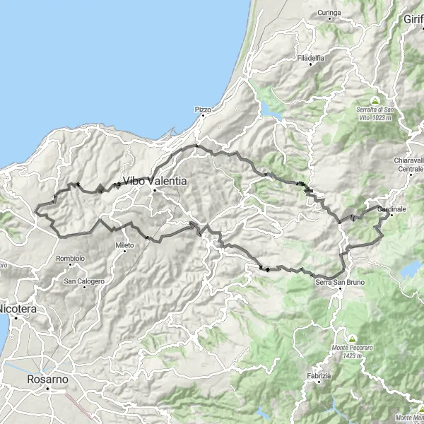 Map miniature of "Exploring Vibo Valentia and Sorianello" cycling inspiration in Calabria, Italy. Generated by Tarmacs.app cycling route planner