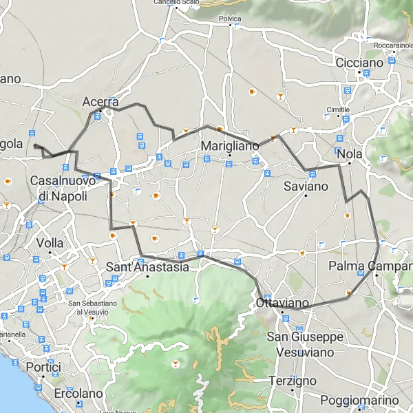 Miniatura della mappa di ispirazione al ciclismo "Itinerario cicloturistico alla scoperta di Sant'Anastasia e Pomigliano d'Arco" nella regione di Campania, Italy. Generata da Tarmacs.app, pianificatore di rotte ciclistiche