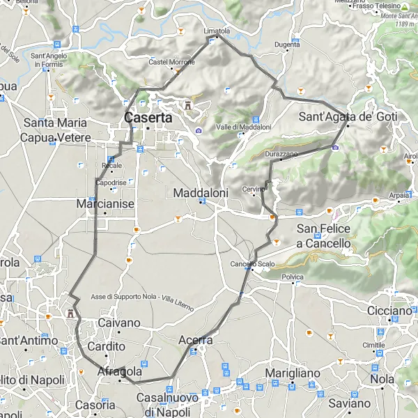 Miniatura della mappa di ispirazione al ciclismo "Giro in bicicletta da Afragola a Durazzano e oltre" nella regione di Campania, Italy. Generata da Tarmacs.app, pianificatore di rotte ciclistiche