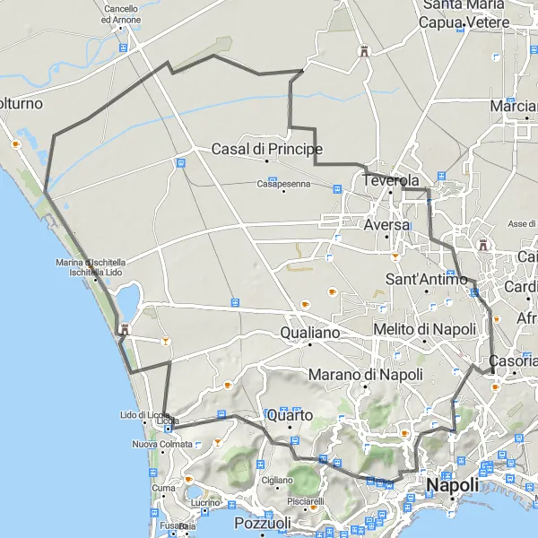 Map miniature of "Varcaturo Loop" cycling inspiration in Campania, Italy. Generated by Tarmacs.app cycling route planner