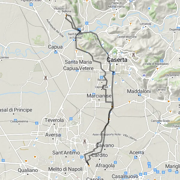 Miniatura della mappa di ispirazione al ciclismo "Escursione in bici tra Cardito e Frattamaggiore" nella regione di Campania, Italy. Generata da Tarmacs.app, pianificatore di rotte ciclistiche
