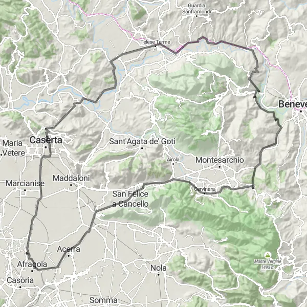 Miniatura della mappa di ispirazione al ciclismo "Scoperta della provincia di Caserta in bicicletta" nella regione di Campania, Italy. Generata da Tarmacs.app, pianificatore di rotte ciclistiche