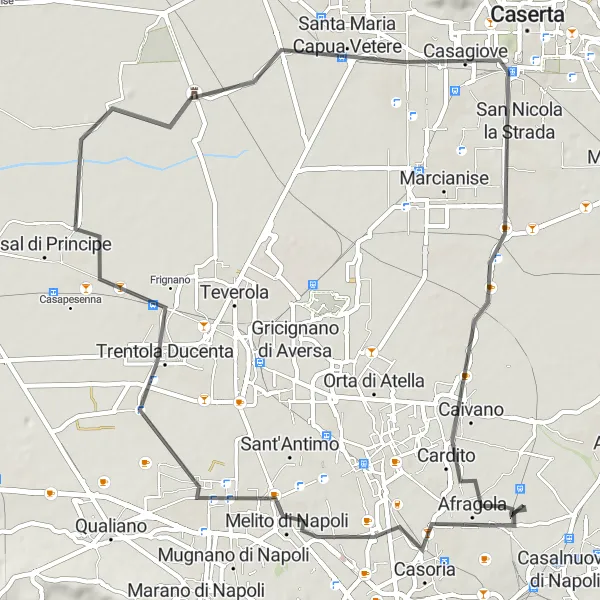 Miniatura della mappa di ispirazione al ciclismo "Tour in bicicletta tra Giugliano in Campania e Afragola" nella regione di Campania, Italy. Generata da Tarmacs.app, pianificatore di rotte ciclistiche