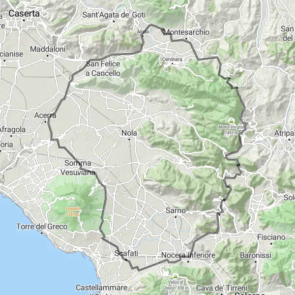 Miniatura della mappa di ispirazione al ciclismo "Giro di Airola attraverso le colline campane" nella regione di Campania, Italy. Generata da Tarmacs.app, pianificatore di rotte ciclistiche