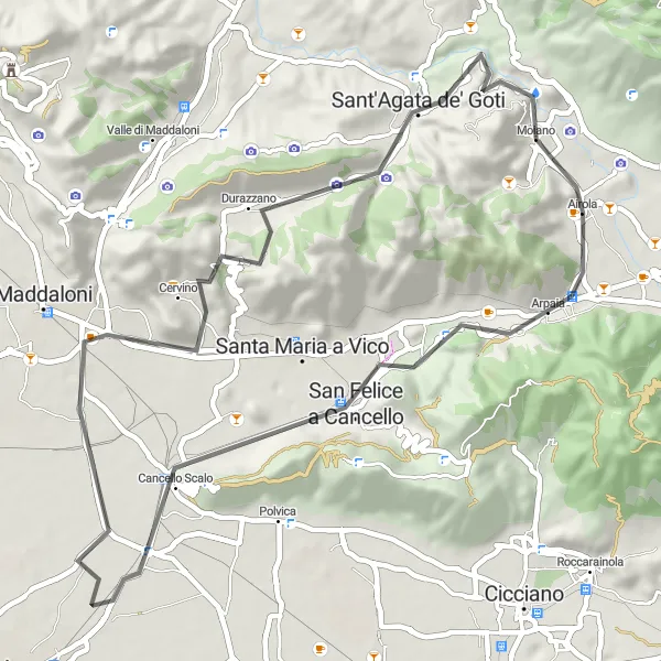 Miniatura della mappa di ispirazione al ciclismo "Giro in bicicletta da Airola a Sella di Arpaia" nella regione di Campania, Italy. Generata da Tarmacs.app, pianificatore di rotte ciclistiche