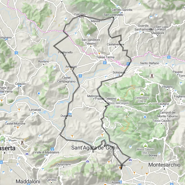 Miniatura della mappa di ispirazione al ciclismo "Giro in bicicletta da Airola a Bucciano" nella regione di Campania, Italy. Generata da Tarmacs.app, pianificatore di rotte ciclistiche