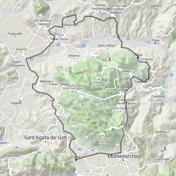 Miniatura della mappa di ispirazione al ciclismo "Ciclismo tra Moiano e Montesarchio" nella regione di Campania, Italy. Generata da Tarmacs.app, pianificatore di rotte ciclistiche