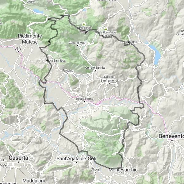 Map miniature of "Mountains and Waterfalls" cycling inspiration in Campania, Italy. Generated by Tarmacs.app cycling route planner