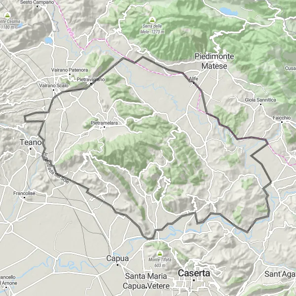 Map miniature of "Castel Campagnano and Monte Mesorinolo Loop" cycling inspiration in Campania, Italy. Generated by Tarmacs.app cycling route planner