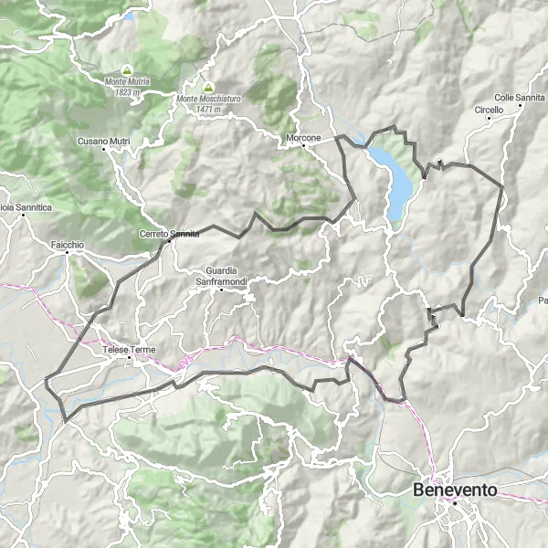 Map miniature of "Amorosi and Monticello Loop" cycling inspiration in Campania, Italy. Generated by Tarmacs.app cycling route planner