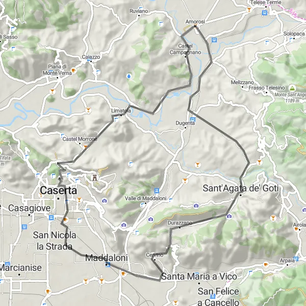 Miniatura della mappa di ispirazione al ciclismo "Giro in Bicicletta tra Amorosi e Castel Campagnano" nella regione di Campania, Italy. Generata da Tarmacs.app, pianificatore di rotte ciclistiche
