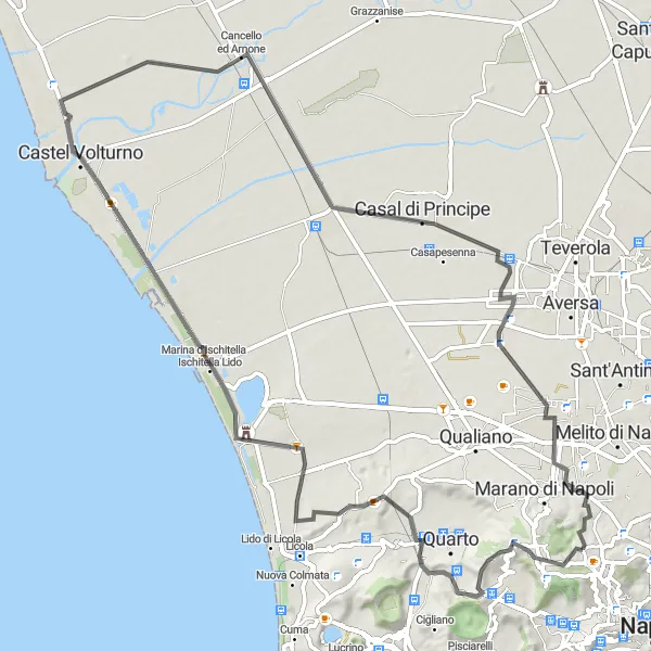 Miniatura della mappa di ispirazione al ciclismo "Tour ciclistico tra Avvistamento rapaci 2 e Chiaiano" nella regione di Campania, Italy. Generata da Tarmacs.app, pianificatore di rotte ciclistiche