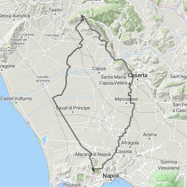 Miniatura della mappa di ispirazione al ciclismo "Giro in bicicletta da Arenella a Monte San Leucio" nella regione di Campania, Italy. Generata da Tarmacs.app, pianificatore di rotte ciclistiche