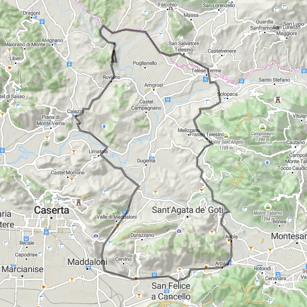 Miniatura della mappa di ispirazione al ciclismo "Tour ciclistico da Arienzo a Sella di Arpaia" nella regione di Campania, Italy. Generata da Tarmacs.app, pianificatore di rotte ciclistiche