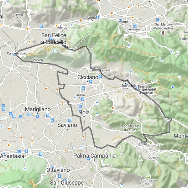 Miniatura della mappa di ispirazione al ciclismo "Rotta in bicicletta da Arienzo a Nola" nella regione di Campania, Italy. Generata da Tarmacs.app, pianificatore di rotte ciclistiche