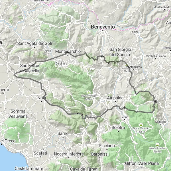 Miniatura della mappa di ispirazione al ciclismo "Giro in bicicletta da Arienzo a San Felice a Cancello" nella regione di Campania, Italy. Generata da Tarmacs.app, pianificatore di rotte ciclistiche
