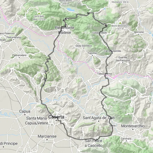 Map miniature of "Arienzo to San Felice a Cancello (Mountain Challenge)" cycling inspiration in Campania, Italy. Generated by Tarmacs.app cycling route planner