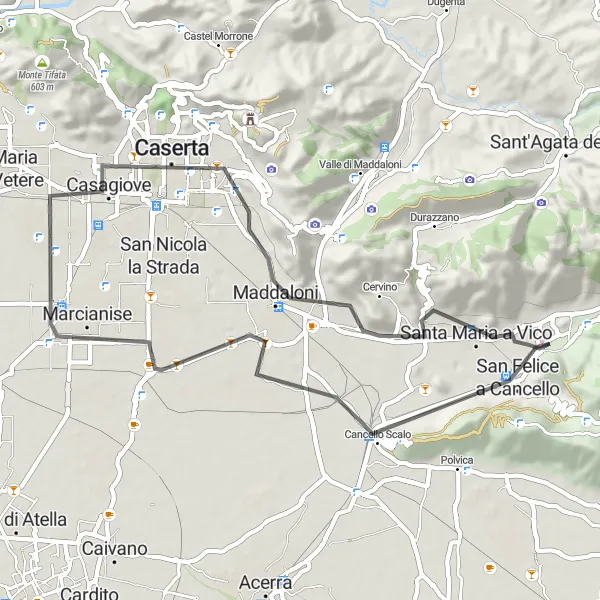 Miniatura della mappa di ispirazione al ciclismo "Paesaggi rurali e tradizioni locali in bici" nella regione di Campania, Italy. Generata da Tarmacs.app, pianificatore di rotte ciclistiche