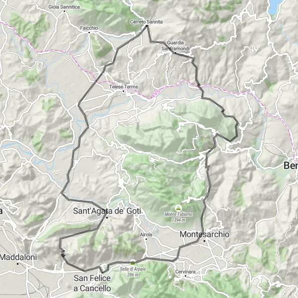 Miniatura della mappa di ispirazione al ciclismo "Giro in bici da Arienzo a Monte Longano e Monticello" nella regione di Campania, Italy. Generata da Tarmacs.app, pianificatore di rotte ciclistiche