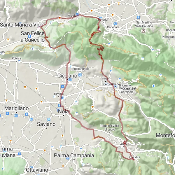Map miniature of "Gravel Adventure Around Arpaia" cycling inspiration in Campania, Italy. Generated by Tarmacs.app cycling route planner