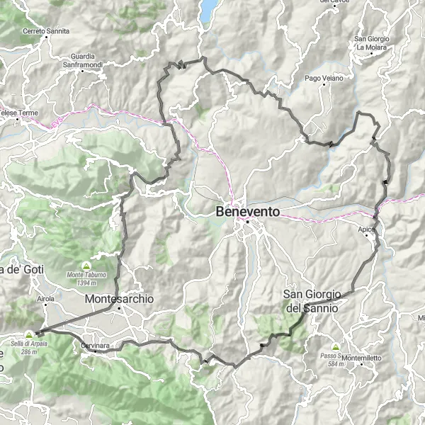 Miniatura della mappa di ispirazione al ciclismo "Giro in bicicletta tra Arpaia e i Monti Sanniti" nella regione di Campania, Italy. Generata da Tarmacs.app, pianificatore di rotte ciclistiche