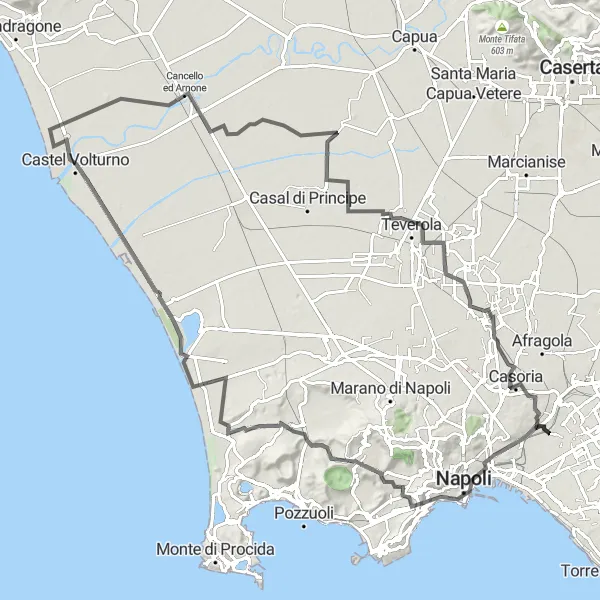 Miniatura della mappa di ispirazione al ciclismo "Il grande tour delle cittadine campane" nella regione di Campania, Italy. Generata da Tarmacs.app, pianificatore di rotte ciclistiche
