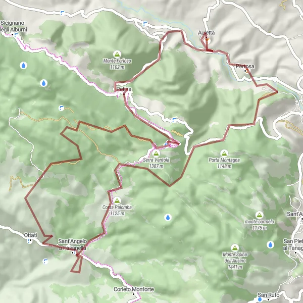 Miniatura della mappa di ispirazione al ciclismo "Giro Gravel da Auletta a Petina" nella regione di Campania, Italy. Generata da Tarmacs.app, pianificatore di rotte ciclistiche