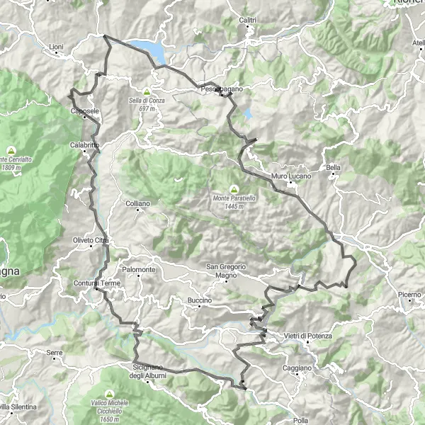 Miniatura della mappa di ispirazione al ciclismo "L'avventura tra le montagne" nella regione di Campania, Italy. Generata da Tarmacs.app, pianificatore di rotte ciclistiche