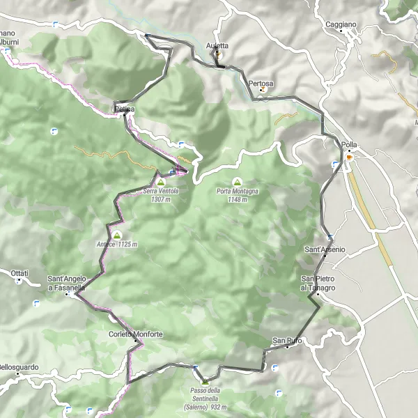 Map miniature of "Auletta to Pertosa Road Cycling Route" cycling inspiration in Campania, Italy. Generated by Tarmacs.app cycling route planner