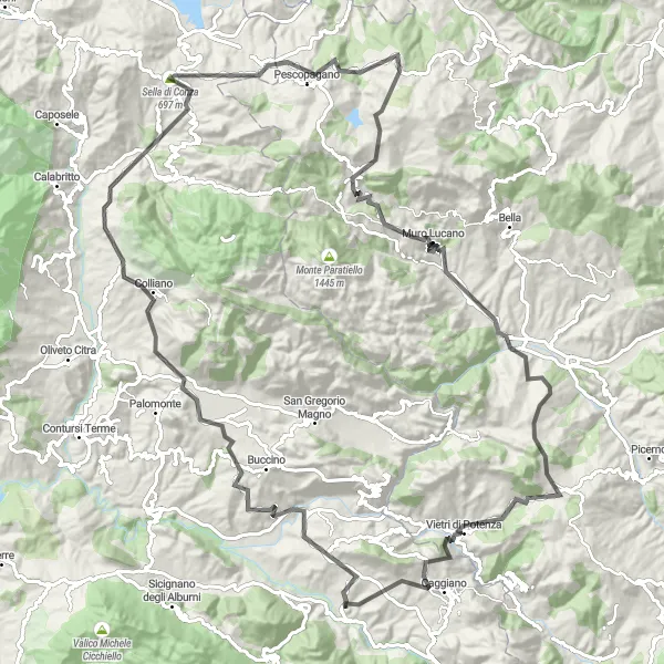 Miniatura della mappa di ispirazione al ciclismo "Auletta - Caggiano: Alla Scoperta dei Monti Lucani" nella regione di Campania, Italy. Generata da Tarmacs.app, pianificatore di rotte ciclistiche