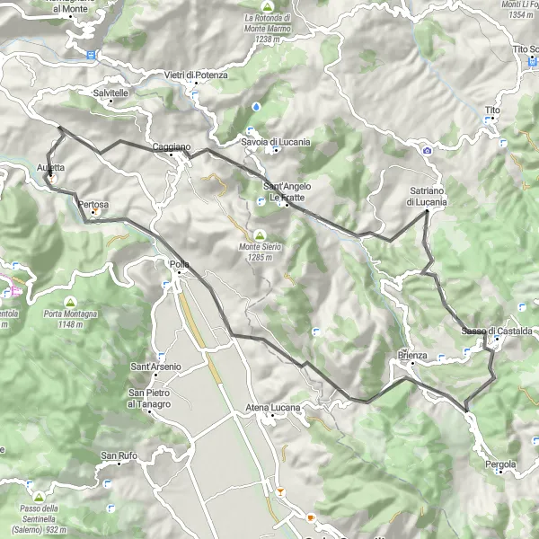 Map miniature of "Auletta to Caggiano Road Cycling Route" cycling inspiration in Campania, Italy. Generated by Tarmacs.app cycling route planner