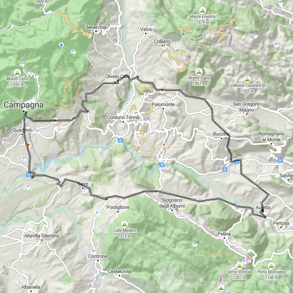 Miniatura della mappa di ispirazione al ciclismo "La sfida delle vette" nella regione di Campania, Italy. Generata da Tarmacs.app, pianificatore di rotte ciclistiche