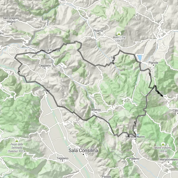Map miniature of "Mountains and Ancient Ruins" cycling inspiration in Campania, Italy. Generated by Tarmacs.app cycling route planner