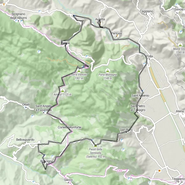 Miniatura della mappa di ispirazione al ciclismo "Tour Auletta - Monte Pruno" nella regione di Campania, Italy. Generata da Tarmacs.app, pianificatore di rotte ciclistiche