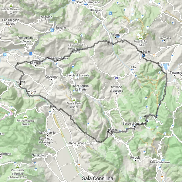 Miniatura della mappa di ispirazione al ciclismo "Cicloturismo da Auletta a Monte San Gennaro" nella regione di Campania, Italy. Generata da Tarmacs.app, pianificatore di rotte ciclistiche