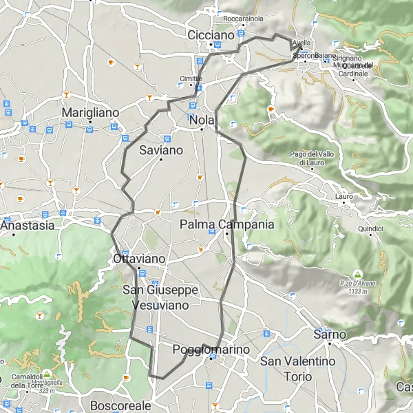 Map miniature of "Avella-Poggiomarino Loop" cycling inspiration in Campania, Italy. Generated by Tarmacs.app cycling route planner