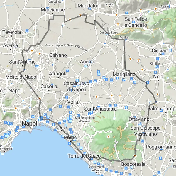 Map miniature of "Exploring the Landmarks of Campania" cycling inspiration in Campania, Italy. Generated by Tarmacs.app cycling route planner