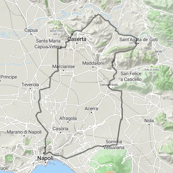 Miniatura della mappa di ispirazione al ciclismo "Avventura ciclistica fino a Monte Longano" nella regione di Campania, Italy. Generata da Tarmacs.app, pianificatore di rotte ciclistiche