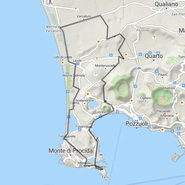 Map miniature of "Varcaturo Road Loop" cycling inspiration in Campania, Italy. Generated by Tarmacs.app cycling route planner