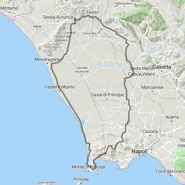 Miniatura della mappa di ispirazione al ciclismo "Avventura ciclistica tra Bacoli e Aversa" nella regione di Campania, Italy. Generata da Tarmacs.app, pianificatore di rotte ciclistiche