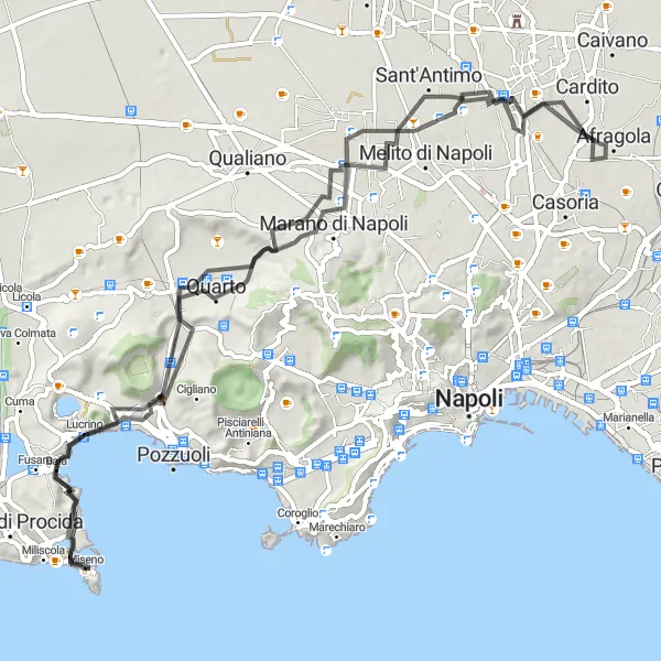 Miniatura della mappa di ispirazione al ciclismo "Giro in bici di 80 km vicino a Bacoli" nella regione di Campania, Italy. Generata da Tarmacs.app, pianificatore di rotte ciclistiche