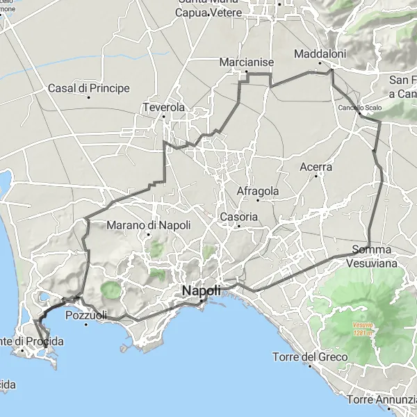 Miniatura della mappa di ispirazione al ciclismo "Tour ciclistico tra Bacoli e Napoli" nella regione di Campania, Italy. Generata da Tarmacs.app, pianificatore di rotte ciclistiche