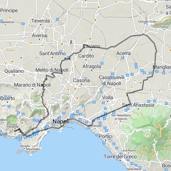 Miniatura della mappa di ispirazione al ciclismo "Itinerario ciclistico da Bagnoli a Monte Spina attraverso Grumo Nevano" nella regione di Campania, Italy. Generata da Tarmacs.app, pianificatore di rotte ciclistiche