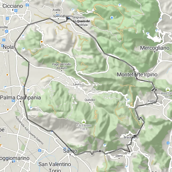 Miniatura della mappa di ispirazione al ciclismo "Tour ciclistico tra Baiano e Nola" nella regione di Campania, Italy. Generata da Tarmacs.app, pianificatore di rotte ciclistiche